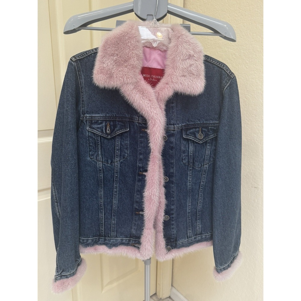 DI Stefano Moda Italiana Luxury Denim & Pink Mink Jacket   Size M